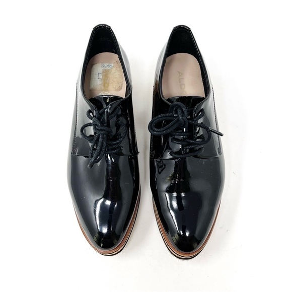 Aldo Striped Platform Black Patent Polyurethane Oxford Lace Up Almond Toe Size 7 - Picture 1 of 9